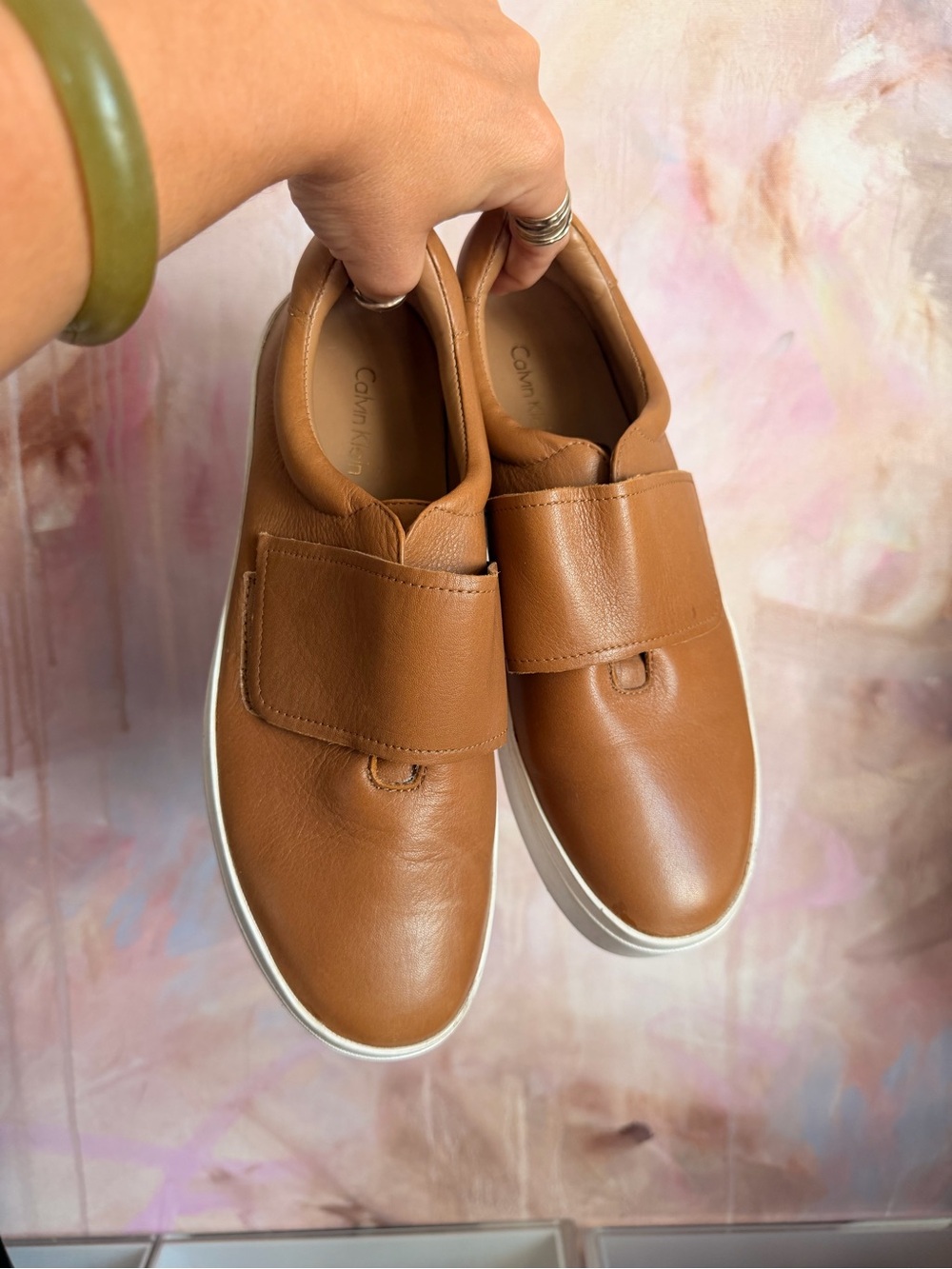 Calvin Klein Tan Leather Slip-On Sneakers